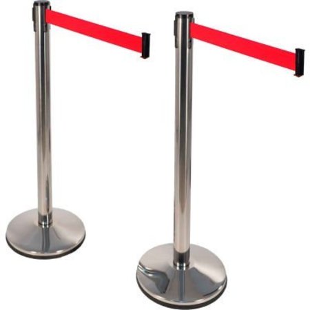 VISIONTRON Retracta-Belt PRIME Stanchion, 40inH Polished SS Post, 10'L Red Retractable Belt, 2/Pack 100PS1-RD-2PK